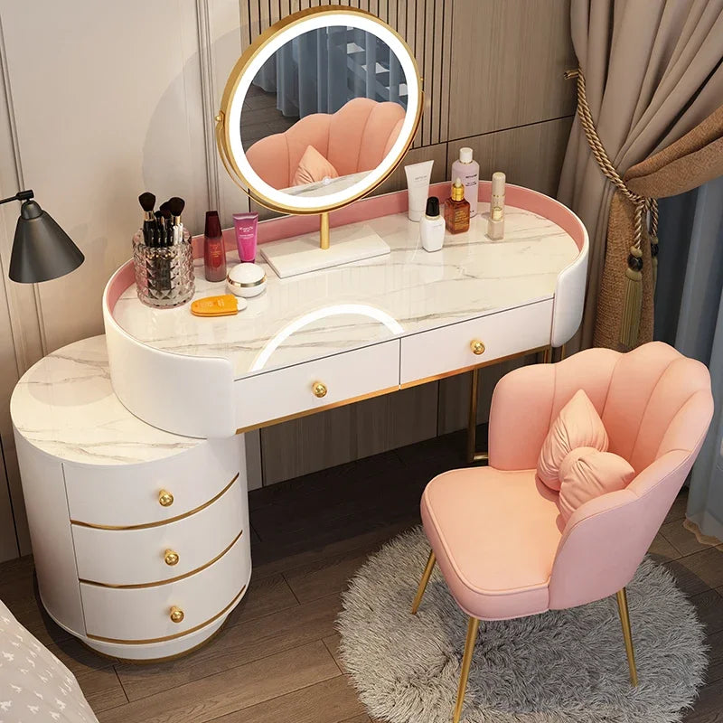 Pink White Vanity Table Women Luxury Nail European Big Stool Study Dressing Table Organizer Mesa De Maquillaje Home Furniture