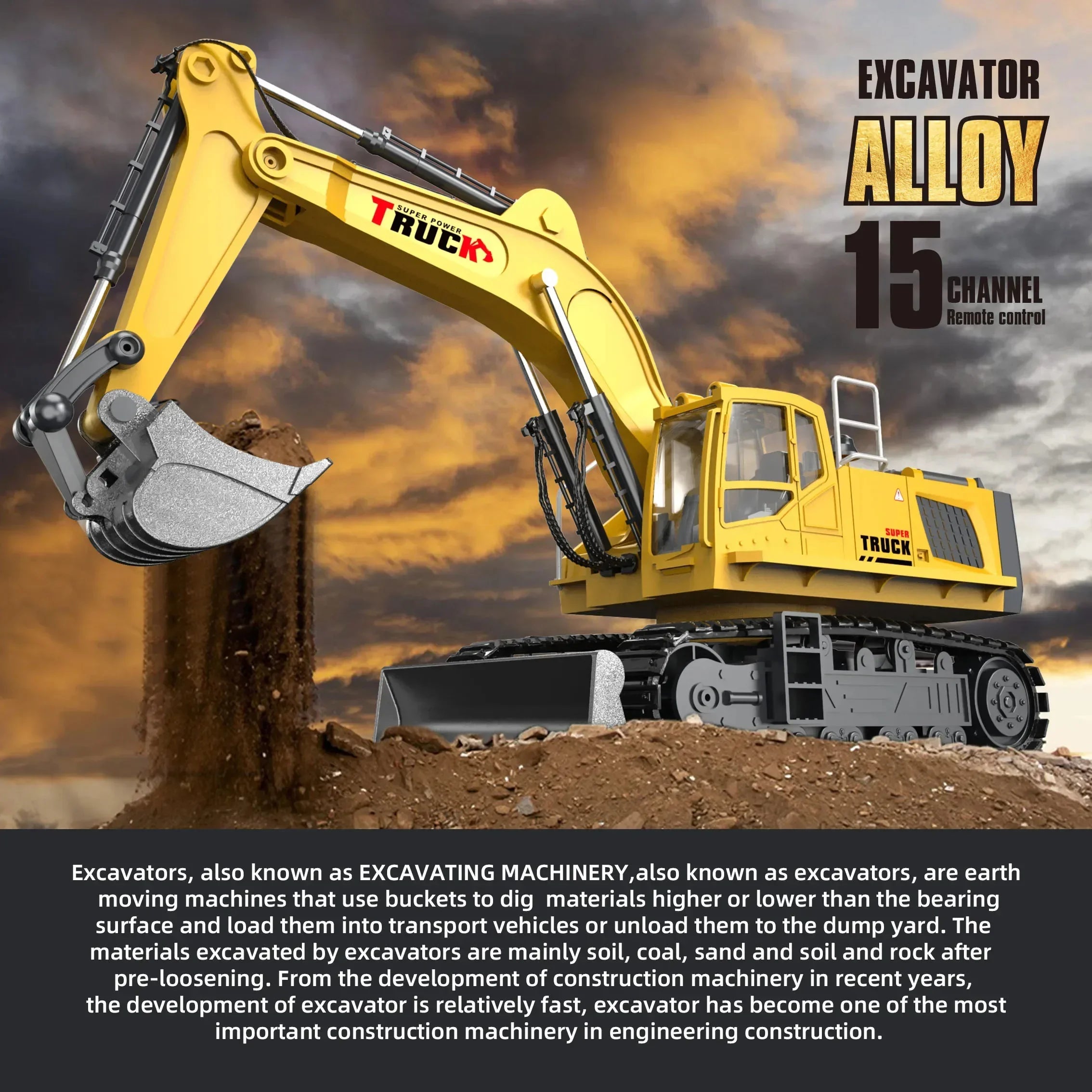 Alloy Rc Car 15/13Ch Remote Control Excavator Radio-Control Truck Construction Vehicle Simulated Model Children Xmas Gift
