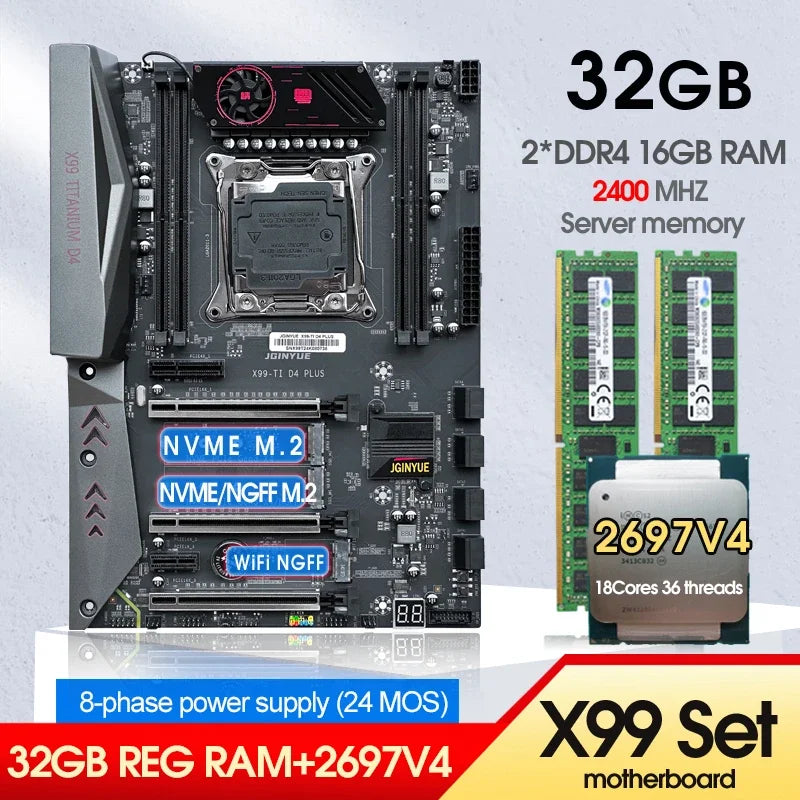 X99 Motherboard Combo Xeon E5 2697 V4 CPU Kit LGA 2011-3 2*16G=32GB DDR4 2400MHZ RAM Memory Support NVME M.2 USB 3.0 TITANIUM D4