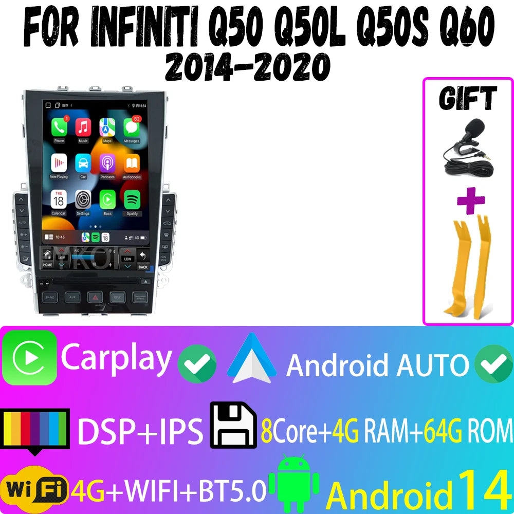 Car Radio For Infiniti Q50 Q50l Q50s Q60 2014-2020 CarPlay Android Auto Automotive multimedia Tesla Style Bluetooth 4G GPS WIFI