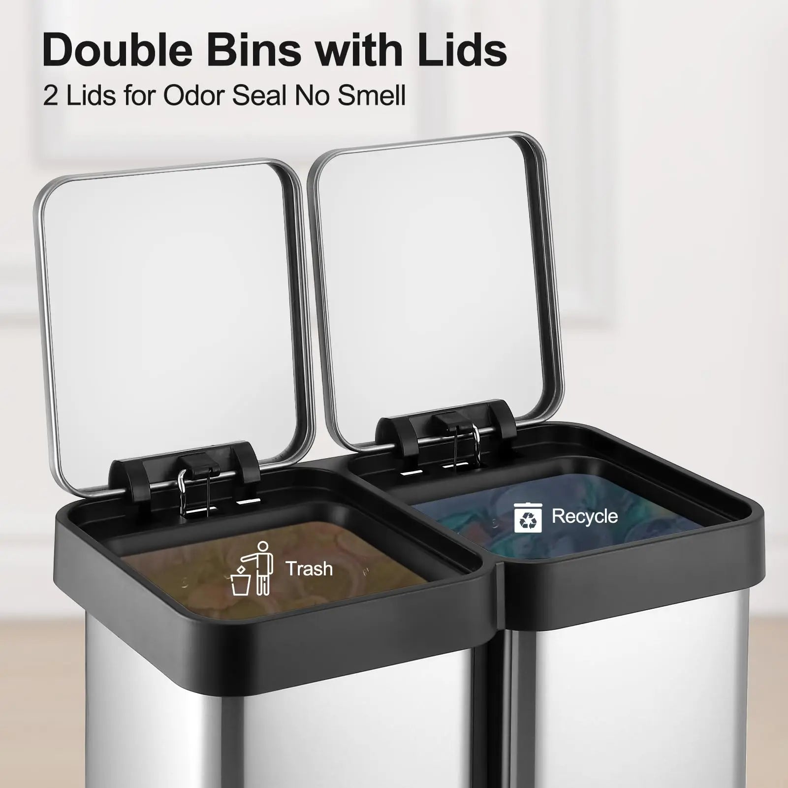 2-Compartment Kitchen Trash Can, 2x25L Stainless Steel Pedal Bin