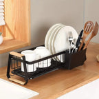 Detachable Kitchen Dish Rack Large Capacity Metal Frame Dish Drying Drain Rack Dish Drainer Wooden Handle Tableware Storage Rack