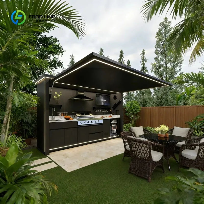 Modern Steel Outdoor Kitchen Cabinet Set Sink Storage Shelf Built-in Fridge Complete Kitchen Pod Shed Bar Pergola Customized