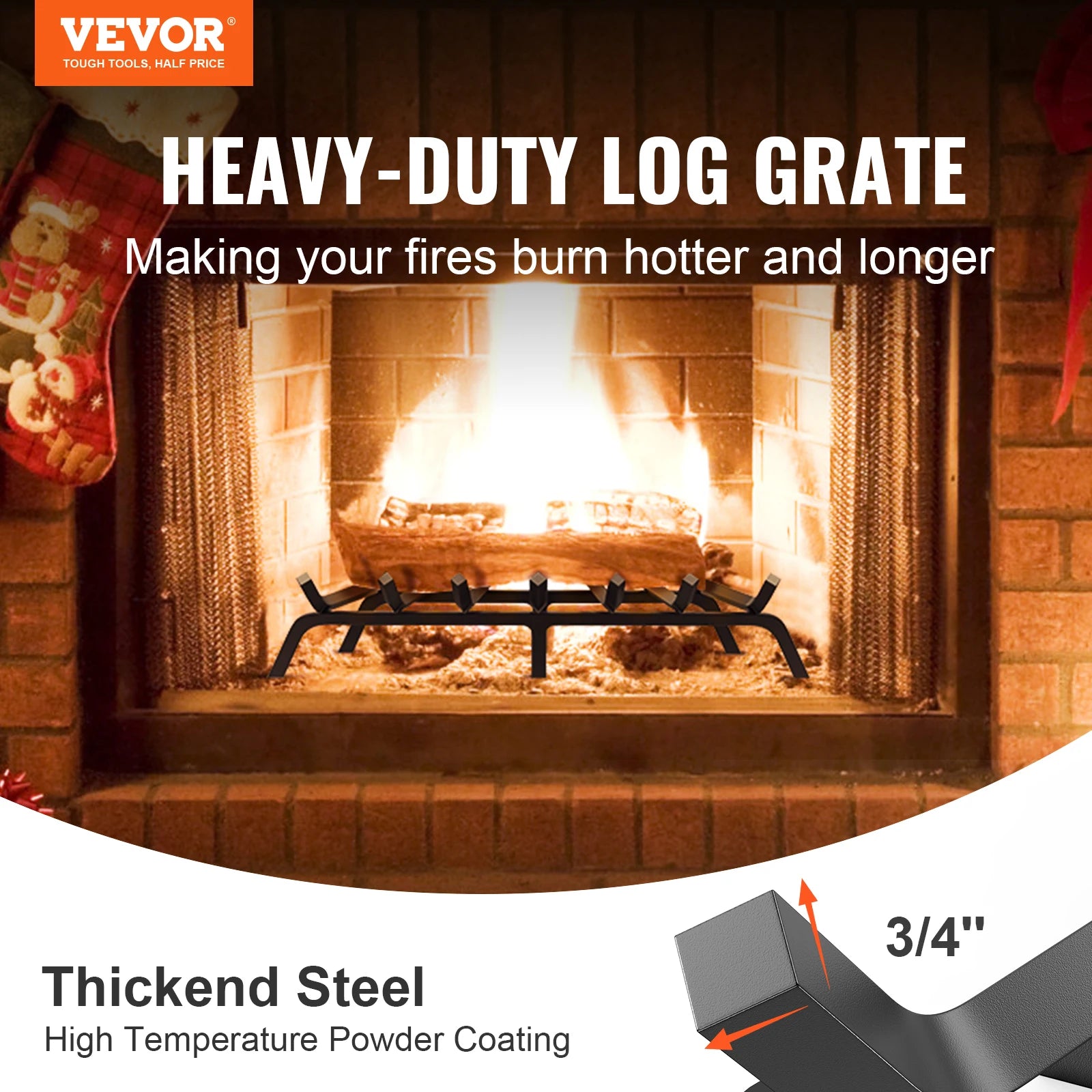 VEVOR Fireplace Log Grate Fireplace Grate with 6 Legs 3/4’’ Solid Powder-coated Steel Bars Log Firewood Burning Rack Holder