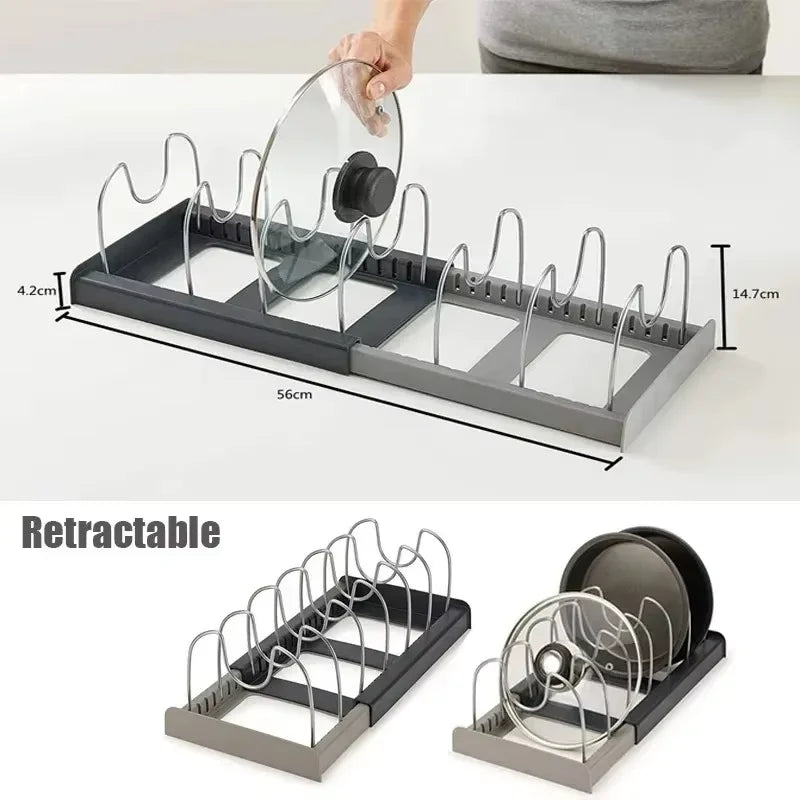 Stainless Steel Expandable Kitchen Cabinet Organizer for Pots Pans Cutting Board Cookware Storage Shelf Drying Rack