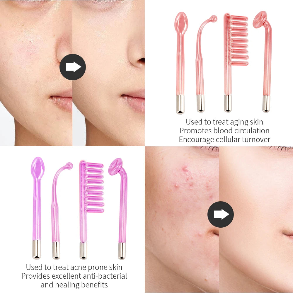 4-IN-1 Portable High Frequency Facial Beauty Machine Electrode Purple Light Glass Tube Wand Acne Massage Facial SPA Skin Care