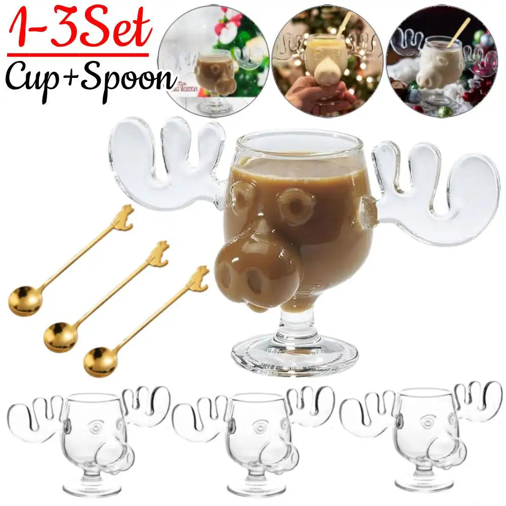 1-3Set 240ML Christmas Elk Glass Cup Cute Reindeer Clear Glass Mug Hot Cold Drink Cup Creative Moose Holiday Drinkware Decor