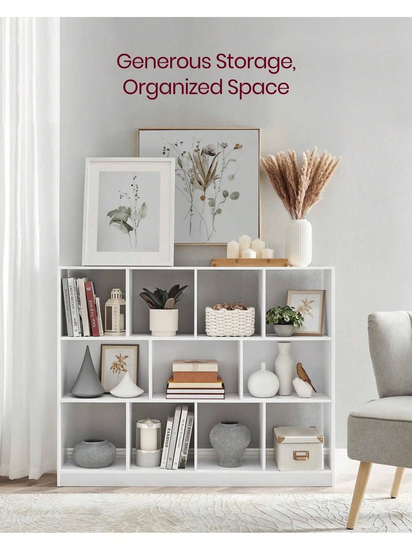 VASAGLE Bookshelf, Bookcase, Book Shelf, Storage Shelf, With 11 Storage Compartments, For Study, Bedroom, Living Room, White