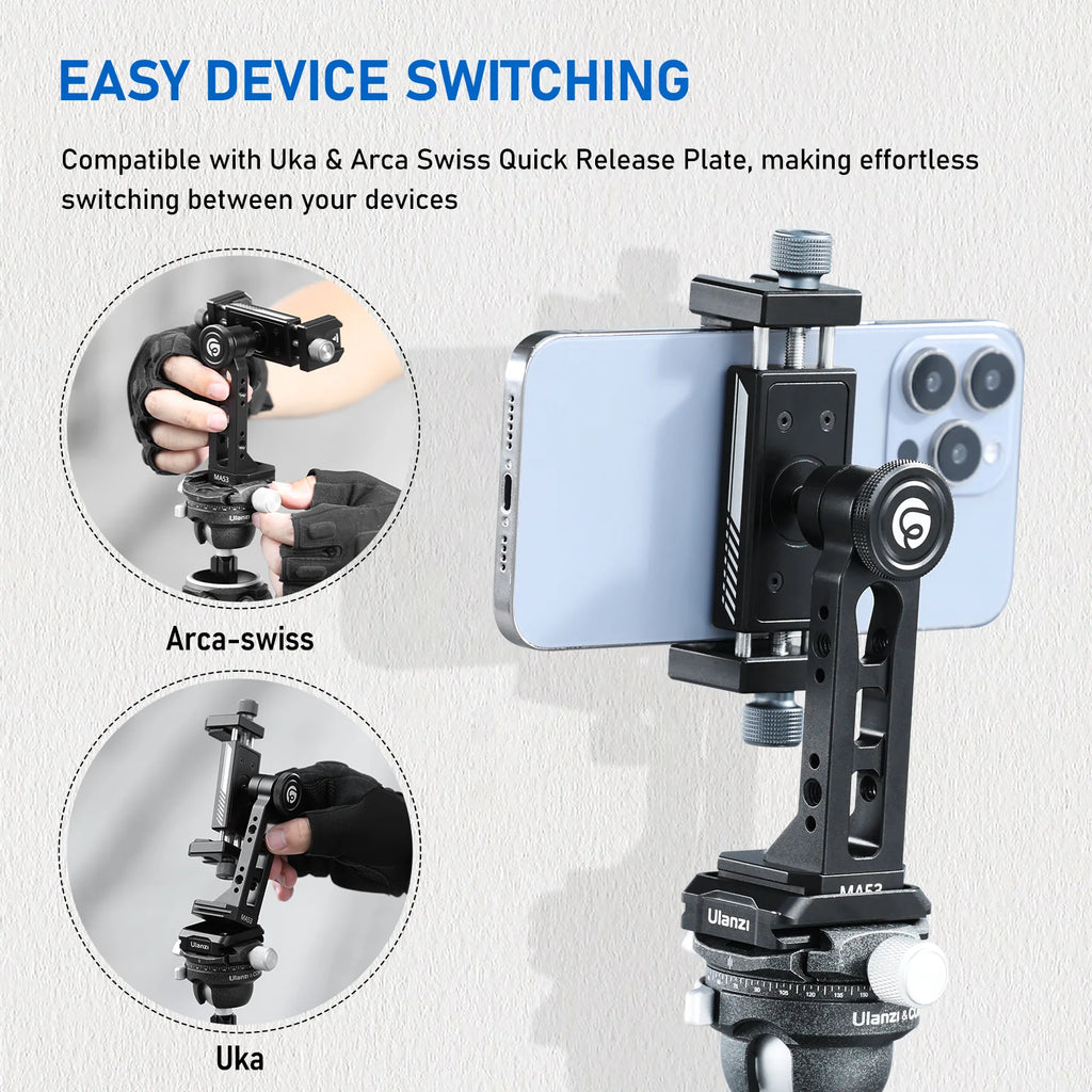 Ulanzi MA53 360 Rotation Metal Phone Holder Tripod Mount Cold Shoe Uka Arca Mount Clip Clamp with 60-95mm Width for Living Vlog