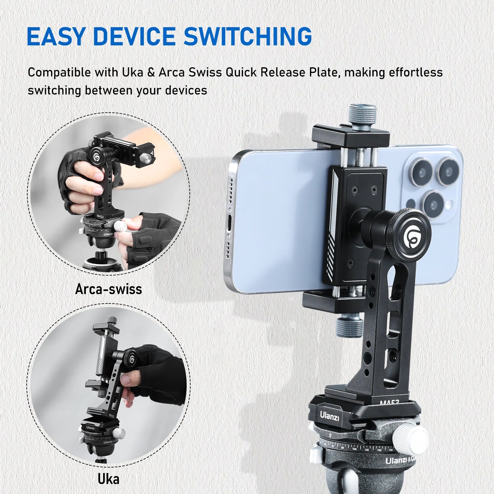 Ulanzi MA53 360 Rotation Metal Phone Holder Tripod Mount Cold Shoe Uka Arca Mount Clip Clamp with 60-95mm Width for Living Vlog
