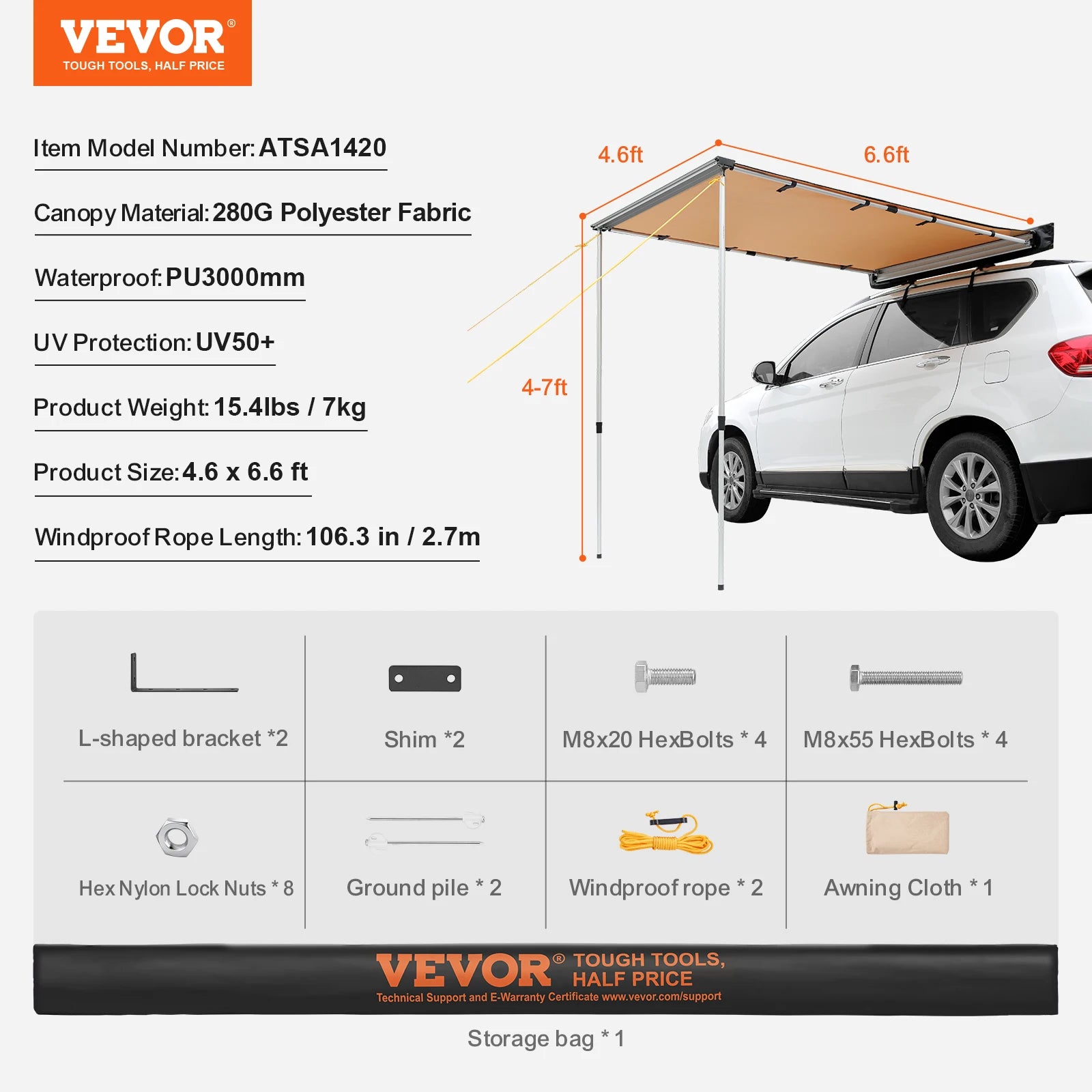 SucceBuy Vehicle Awning  Retractable Car Side Awning Car Awning with Waterproof Storage Bag  Suitable for Truck SUV Van Campers