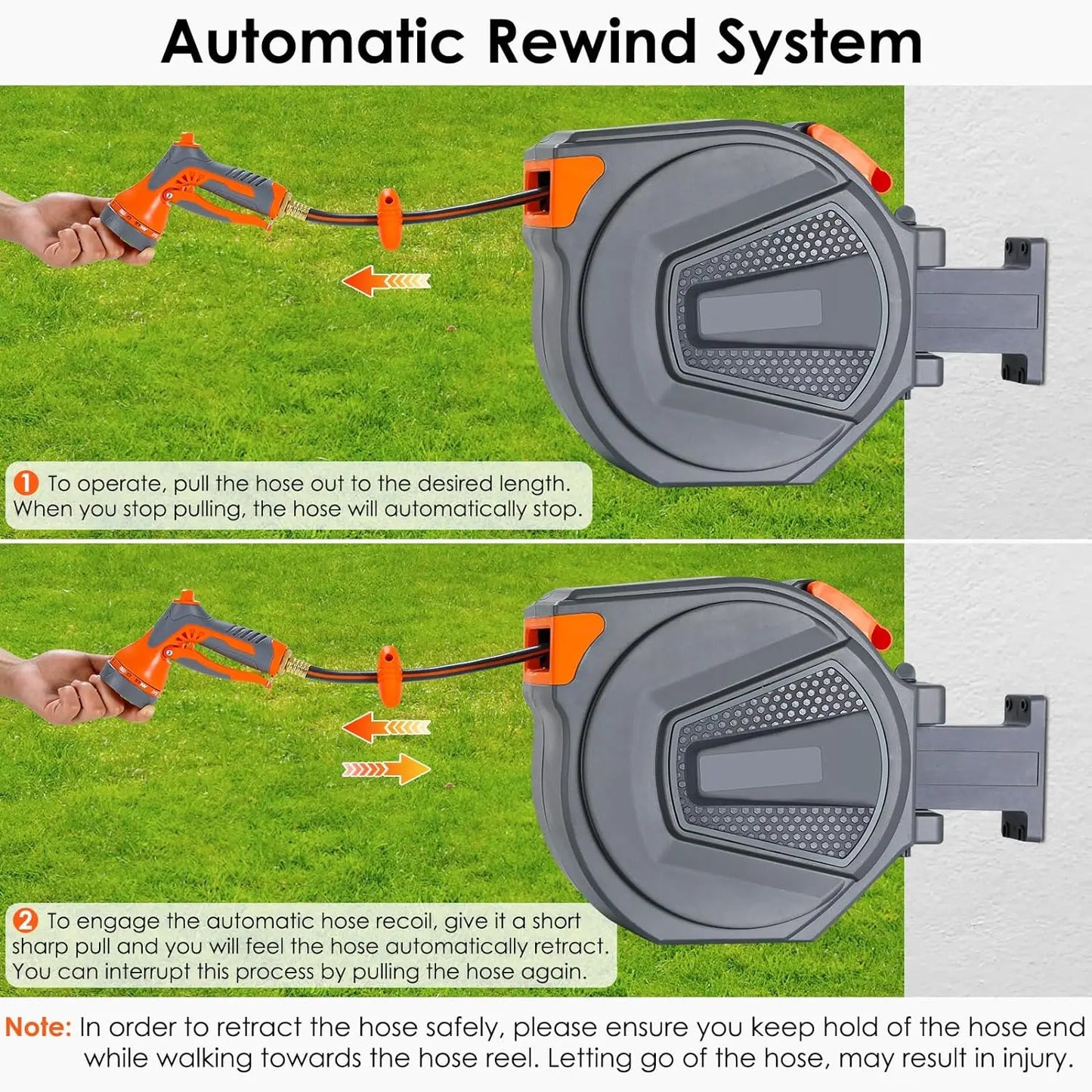 Retractable Garden Hose Reel 20/30M+2M UV Resistant Heavy Duty Automatic Hose Reel Wall Mount 1/2,3/4in Fitting 9 Pattern Nozzle