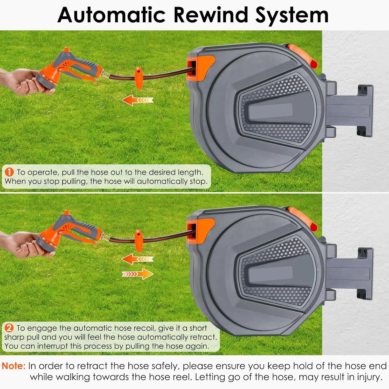Retractable Garden Hose Reel 20/30M+2M UV Resistant Heavy Duty Automatic Hose Reel Wall Mount 1/2,3/4in Fitting 9 Pattern Nozzle