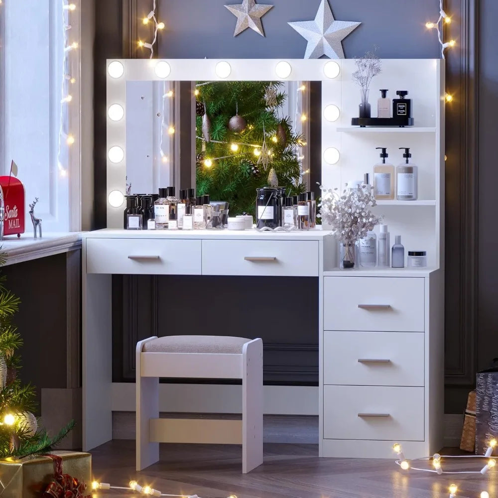 46.7" W Makeup Vanity Set with LED Lights & Mirror – Vanity Desk with 5 Drawers, 3 Color Lighting Modes, Dressing Table for Bedr