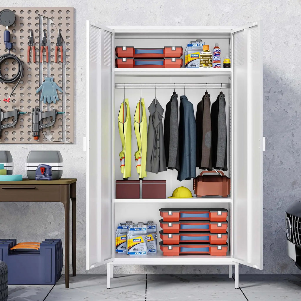 71 Inches White Metal Wardrobe Cabinet with Hanging Rod, Metal Armoire Wardrobe Closet with Doors for Bedroom, Office.