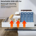 Kitchen storage rack with sliding rails, pull-out drawer-style storage tray, cabinet organizer