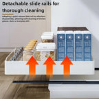 Kitchen storage rack with sliding rails, pull-out drawer-style storage tray, cabinet organizer