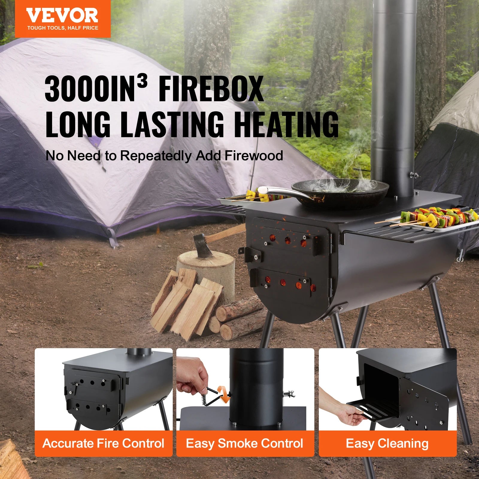 VEVOR 118in Wood Stove Alloy Steel Camping Tent Portable Wood Burning Stove with Chimney Pipes & Gloves Hot Stove for Outdoor