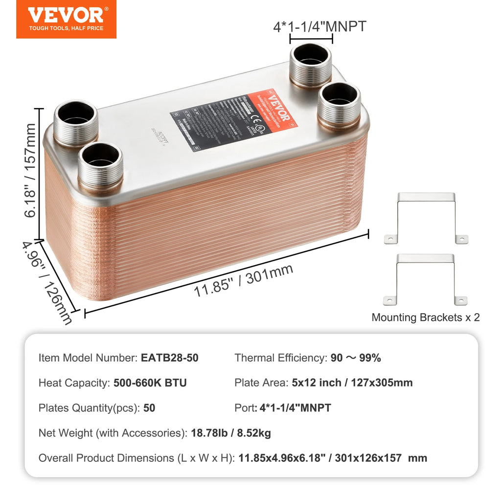 VEVOR Heat Exchanger 5"x 12" 80 Plates Brazed Plate Stainless Steel For Floor Heating Water Heating Snow Melting Beer Cooling