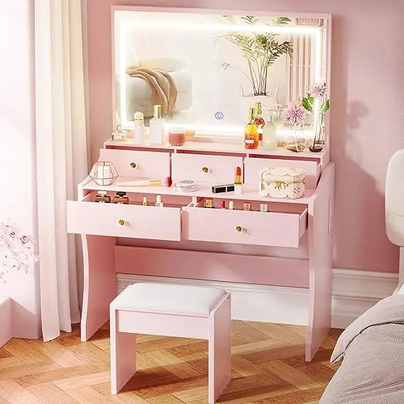 Makeup Vanity Desk with Mirror and Lights, Vanity Table and Chair Set with 5 Drawers and Charging Station, Bedroom Dresser LED