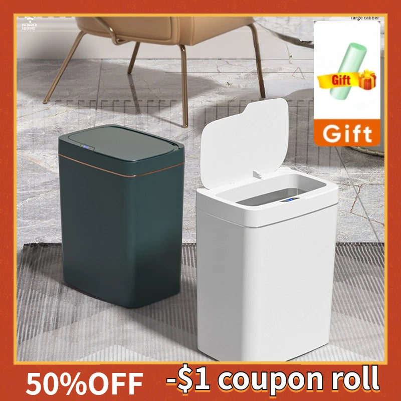18L Smart Bathroom Trash Can Automatic Bagging Electronic Trash Can White Touchless Narrow Smart Sensor Garbage Bin Smart Home
