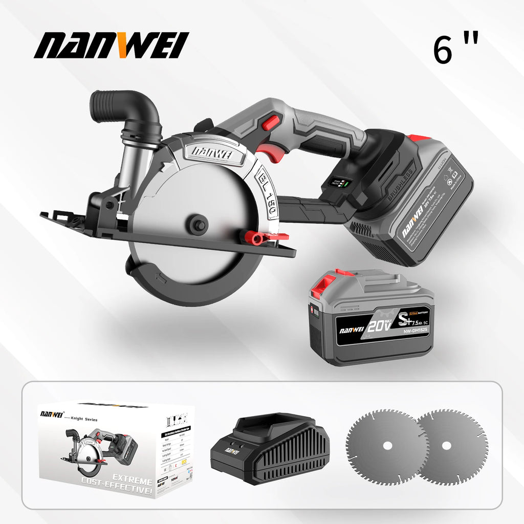 NANWEI 6" cordless brushless circular saw Rechargeable woodworking portable electric saw cutter circular saw