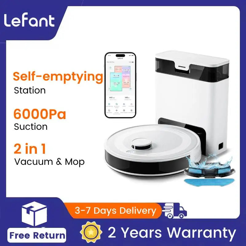 Lefant M2Pro Robot Vacuum with Mop,Self-Emptying, 6000Pa , DTOF Laser Navigation, PSD Obstacle Avoidance, Wi-fi/Alexa Control
