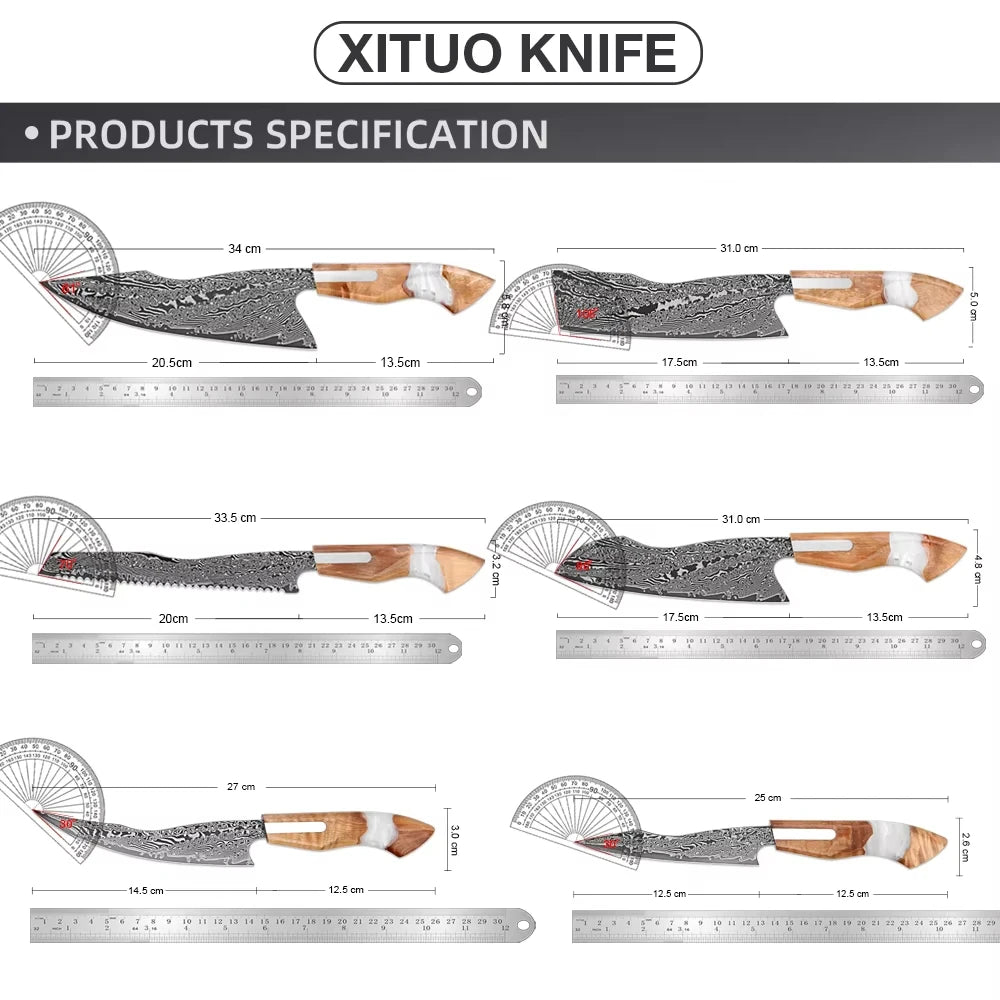 XITUO Premiu Kitchen Knife Set 1-6PCS,Japanese Damascus Steel Chef Knife Set,Chef,Santoku,Nakiri,Bread, Boning&Utility Knives