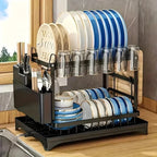 Metal 2-Tier Kitchen Organizer Countertop Dish Storage Rack Tableware Drainer with Removable Drip Tray