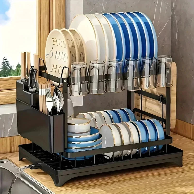 Metal 2-Tier Kitchen Organizer Countertop Dish Storage Rack Tableware Drainer with Removable Drip Tray