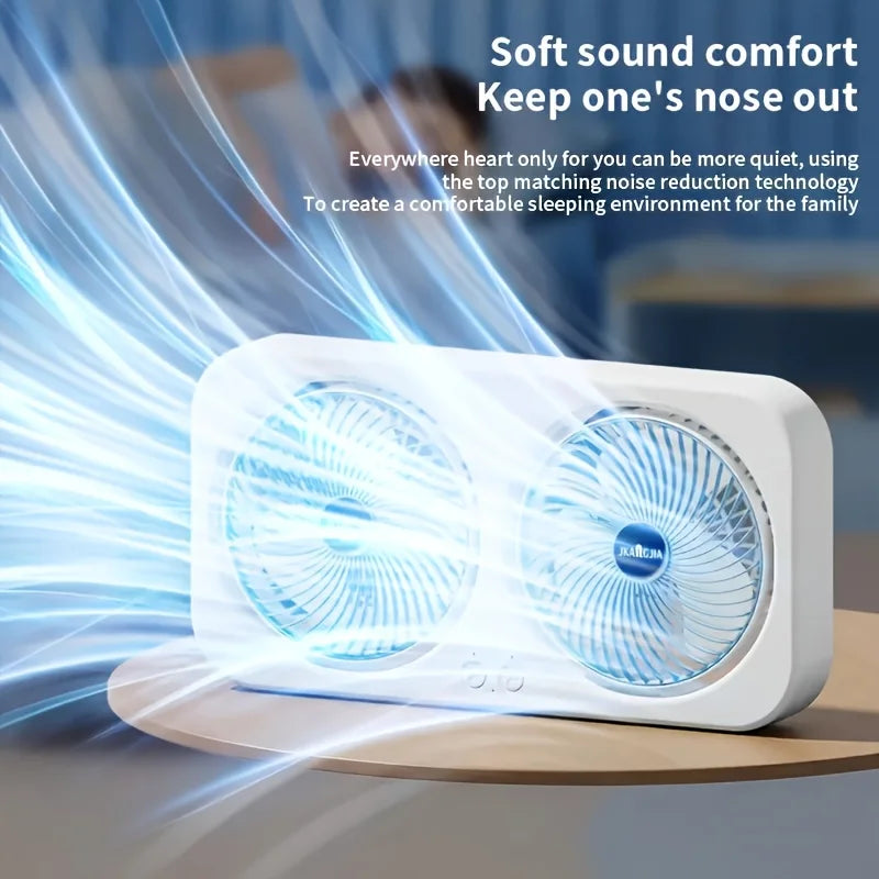 Dual head USB fan with 360 ° rotatable blades, wall mounted and free standing design, rechargeable, suitable for offices, bedroo