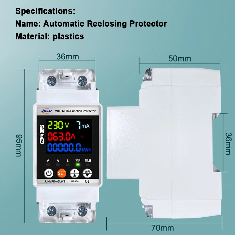 Tuya WiFi 63A Smart Energy Meter Multifunction Automatic Reclosing Protector Circuit Breaker Overvoltage Overcurrent Protection