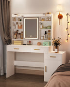 Dressing Table, Large Table Top with Mirror, 3 Drawers and 1 Cabinet, Open Multi-Level Shelves, for Bedroom, Wardrobe, White