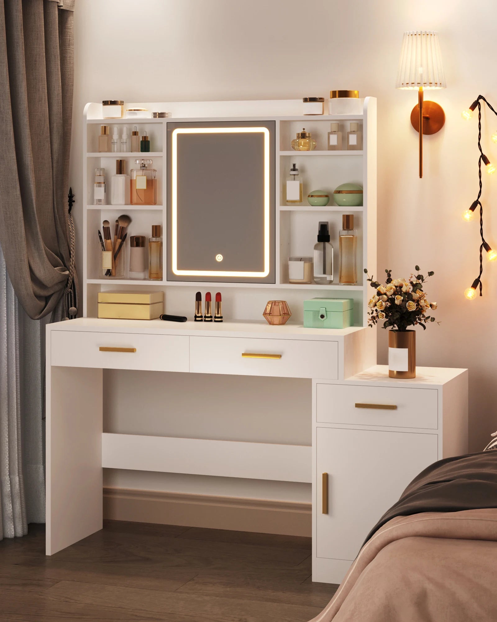 Dressing Table, Large Table Top with Mirror, 3 Drawers and 1 Cabinet, Open Multi-Level Shelves, for Bedroom, Wardrobe, White