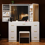 Vanity Desk with Lighted Mirror and Charging Station&Glass Tabletop, Sliding Mirror Makeup Vanity Table, Dressing Table