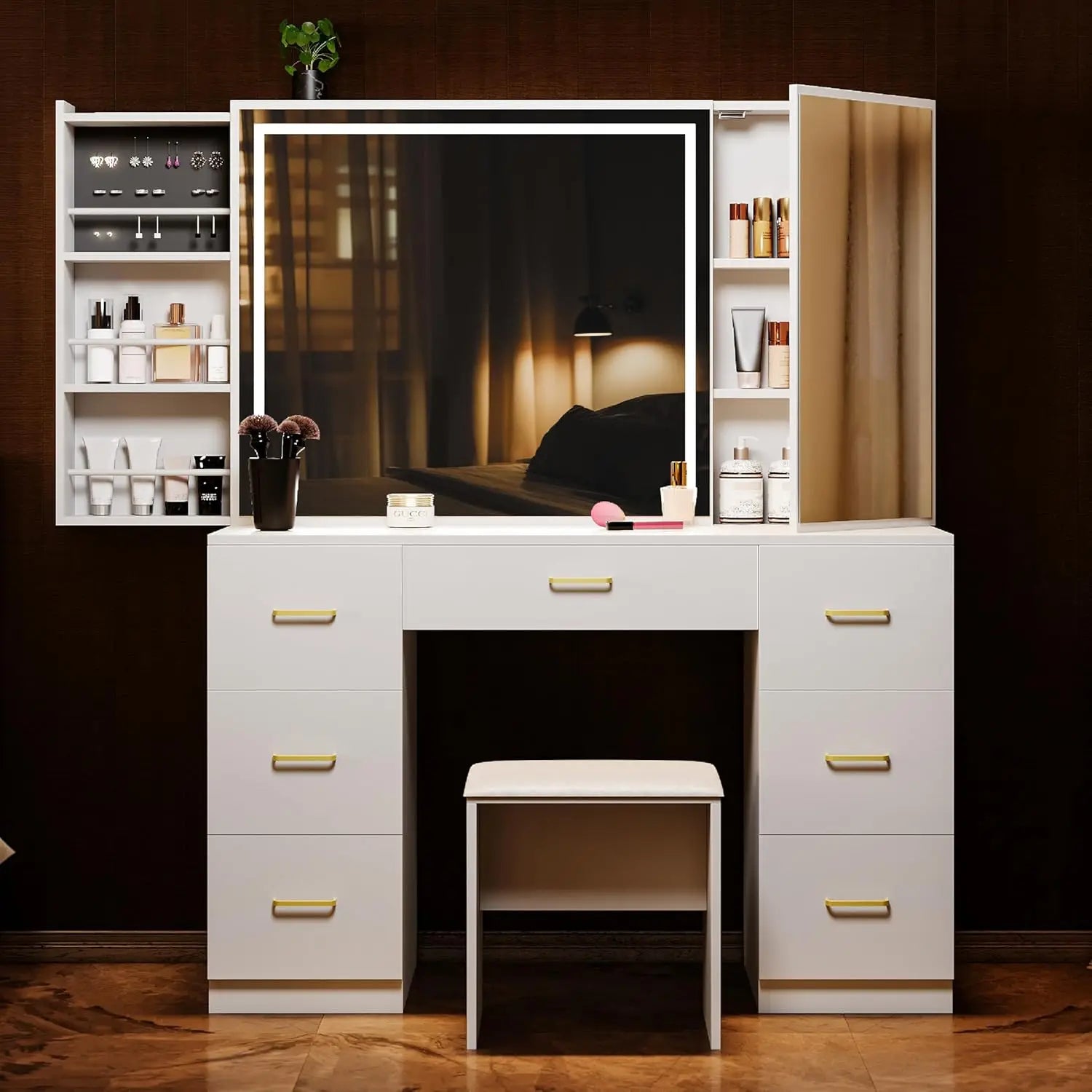 Vanity Desk with Lighted Mirror and Charging Station&Glass Tabletop, Sliding Mirror Makeup Vanity Table, Dressing Table