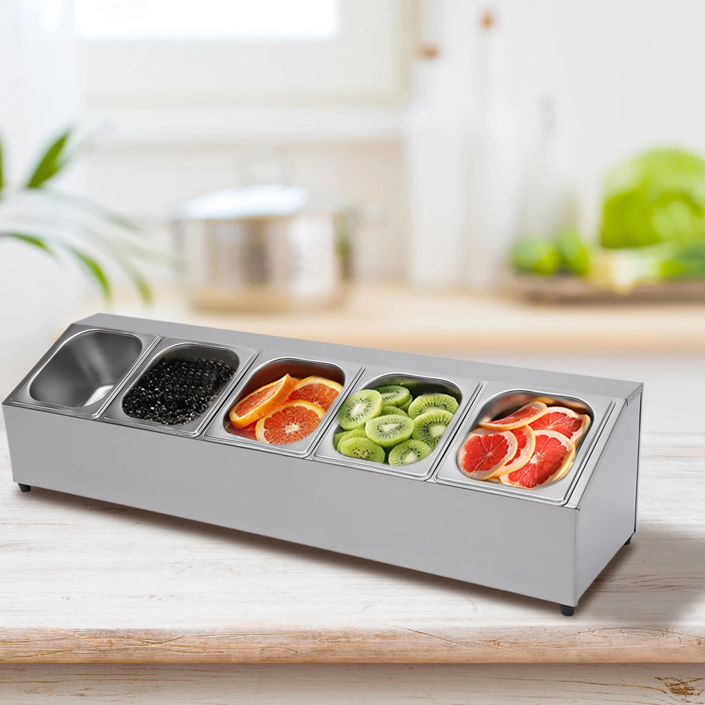 Spice Rack Shelf Stainless Steel Organizer Stand W/ 5*1/6 Pans W/ Lids Countertop Inclined Holder for Sauce Fruits Kitchen Use