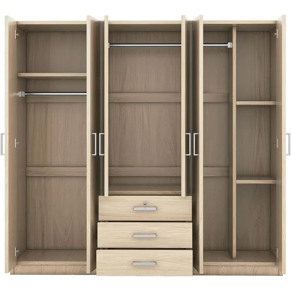 Large Wardrobe Closet 6 Doors, 70.9" W Wooden Wardrobe Cabinet with Big Drawers, Bedroom Armoire Dresser Wardrobe Clothes Organi