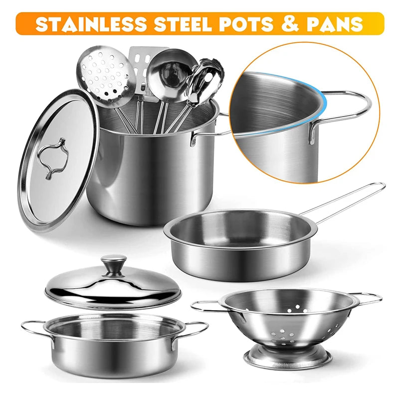 Play Pots and Pans Toys for Kids - Kitchen Playset Pretend Cookware Mini Stainless Steel Cooking Utensils Development Toys