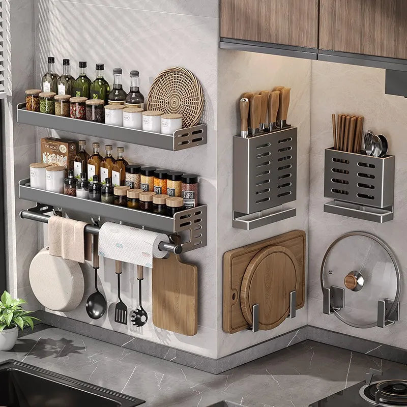 No Drill Kitchen Wall Mounted Spice Rack Space Saving Multifunctional Organizer with Hooks & Paper Towel Holder