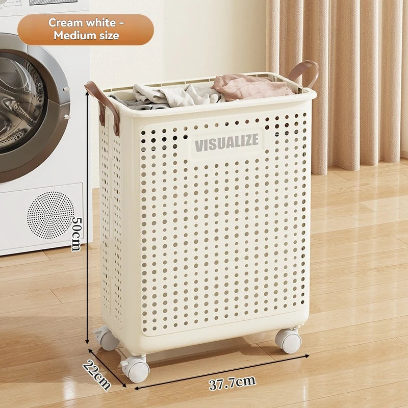 Folding dirty clothes basket, household laundry basket, with wheels, large capacity storage basket, balcony bathroom crevice