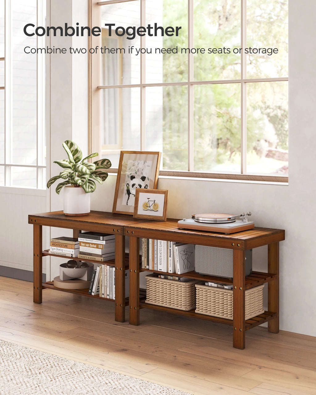 SONGMICS Shoe Rack Bench, 3-Tier Bamboo Shoe Storage Organizer, Entryway Bench, Holds Up to 286 lb, 11.3 x 27.6 x 17.8 Inches