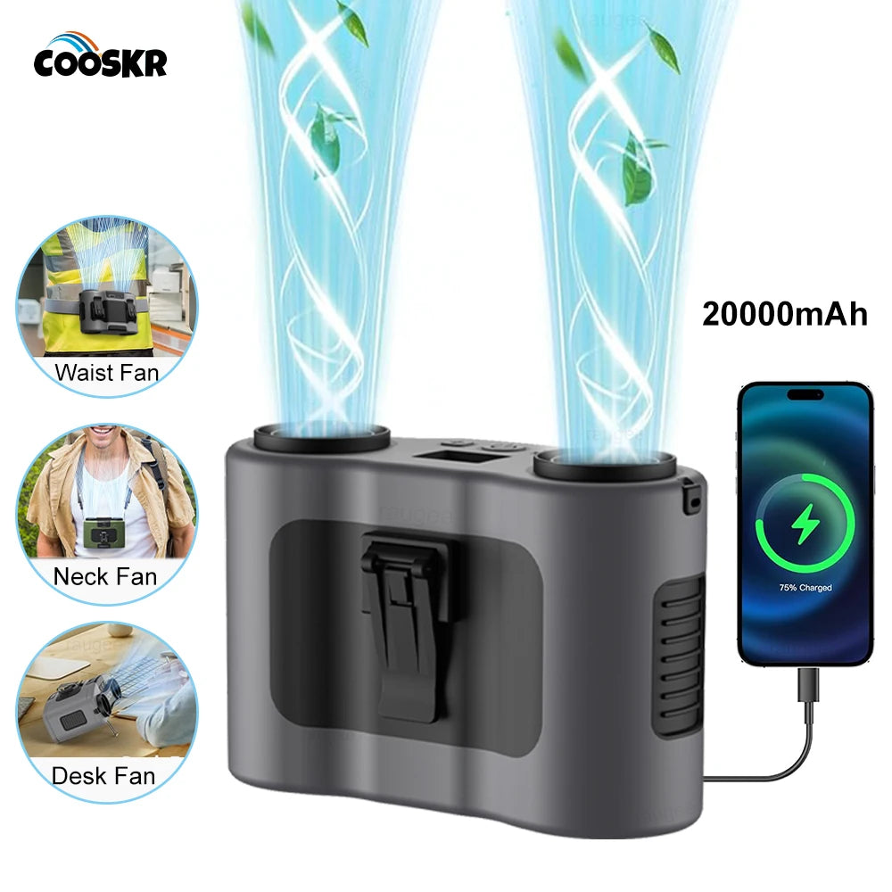 Portable Waist Clip Fan 20000mAh Rechargeable Double Air Outlet Mini H