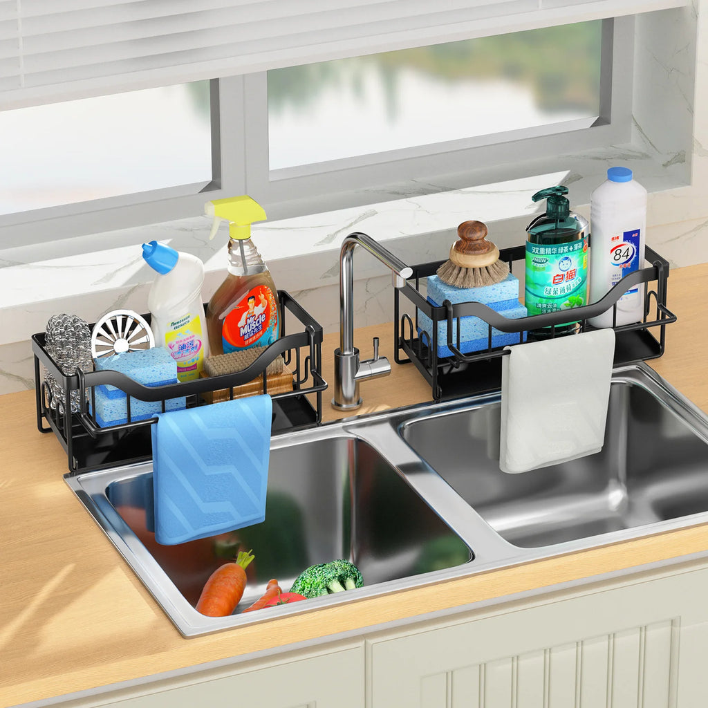 Multifunctional Kitchen Sink Storage Rack - Metal Sponge Holder, Dishwashing Liquid Storage Box, and Self-Draining Tray - No-Drill Installation, Compact Storage, High-Quality Manufacturing, Kitchen Sink Accessories, Sink Storage Rack