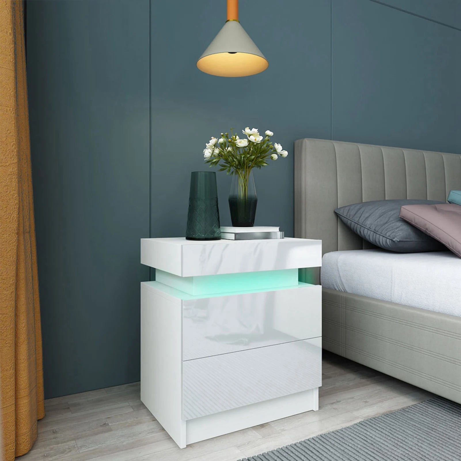Modern Minimalist Bedroom LED Nightstand With Storage Unit With 2 Drawers Suitable For Bedroom/Living Room/Entryway