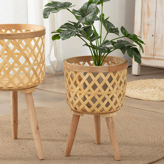 Hand Woven Flower Pot Tripod Stand Detachable Rattan Pot Wood Pastoral Flower Baskets for Balcony Planters Home Indoor Decor