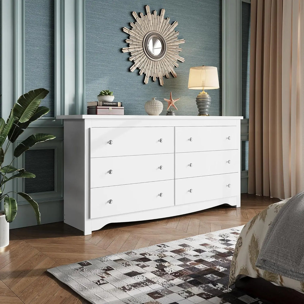 Wood White Dresser with 6 Drawer, Wide Chest of Drawers for Bedroom, Long Nightstand with Drawers