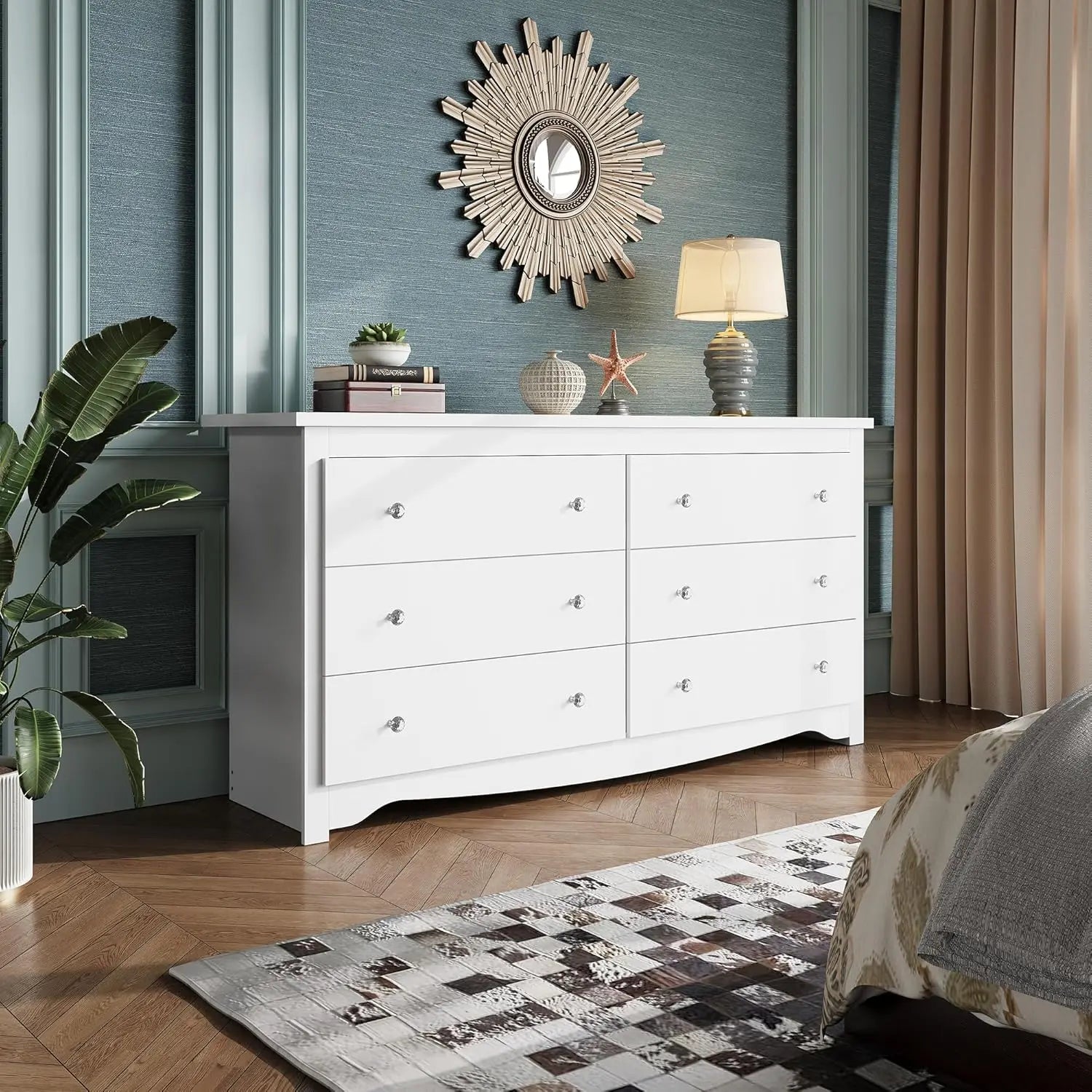 Wood White Dresser with 6 Drawer, Wide Chest of Drawers for Bedroom, Long Nightstand with Drawers