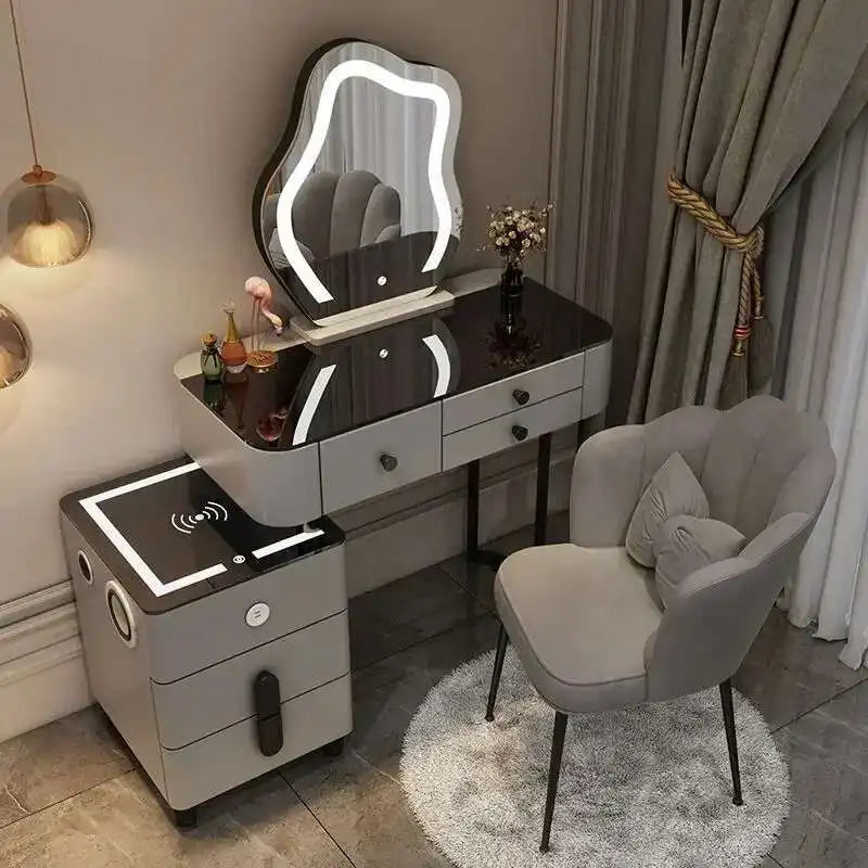 Luxury Glass Dressing Table with Smart Wireless Charging Bedroom Vanity Nightstand Makeup Table Drawers with Led Mirror Dresser