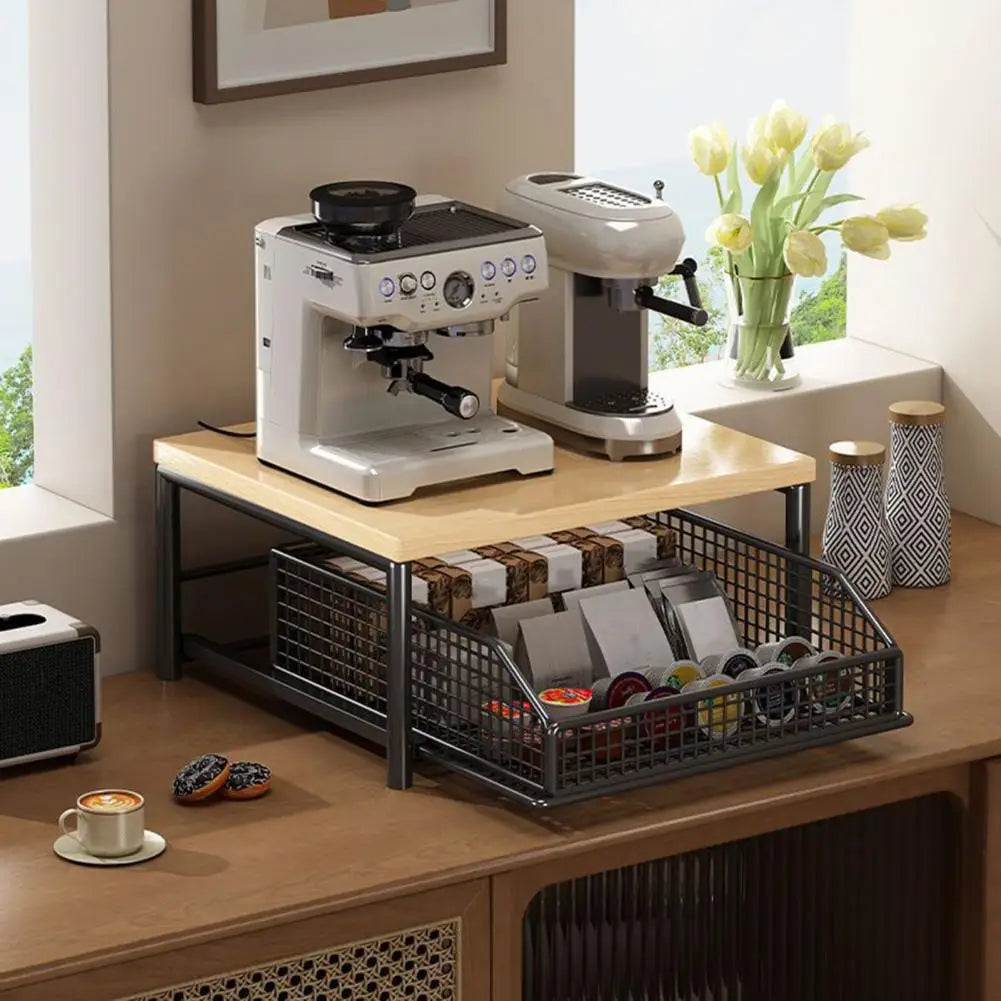 Hardwood Shelf Organizer Kitchen Storage Rack Kitchen Countertop Organizer with Drawer Wire Basket Double-tier for Coffee